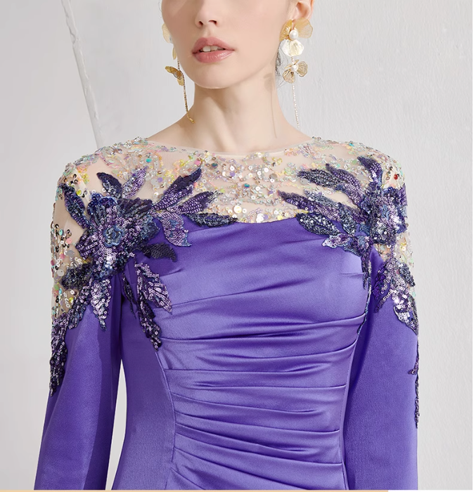ruched gown with illusion floral neckline – PERIWINKLE