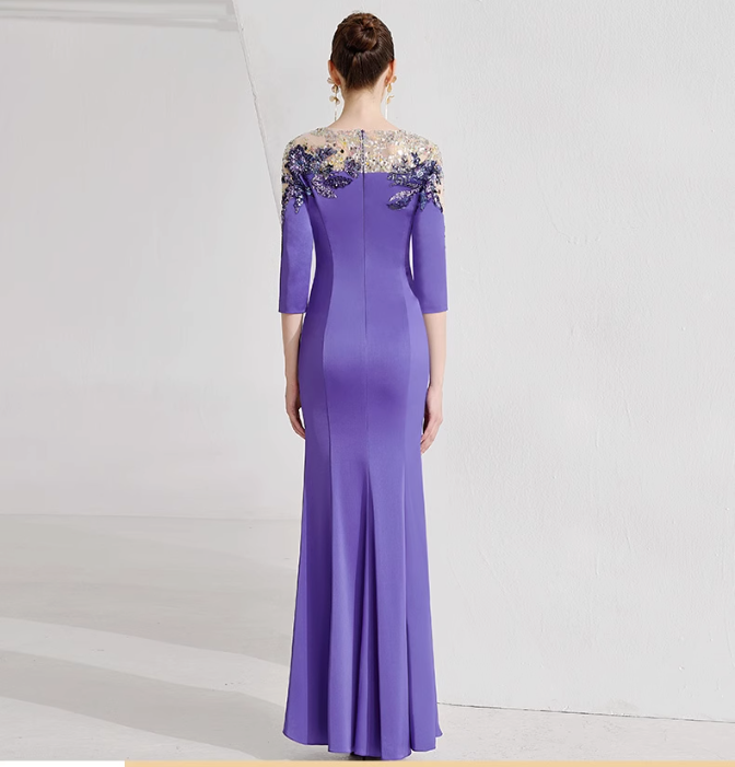 ruched gown with illusion floral neckline – PERIWINKLE
