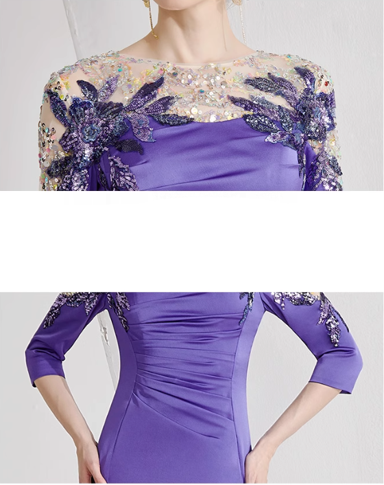 ruched gown with illusion floral neckline – PERIWINKLE