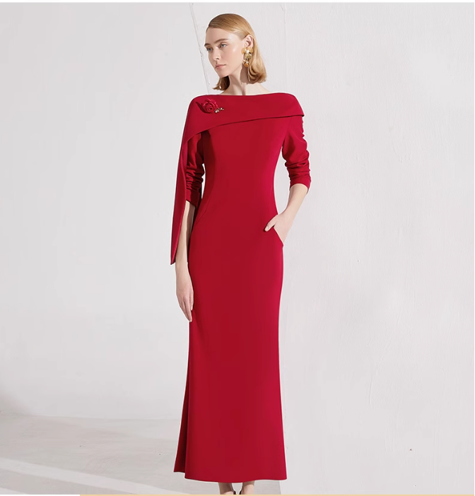 draped shoulder column gown with rose brooch – SCARLETTA