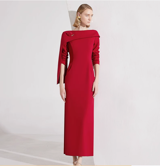 draped shoulder column gown with rose brooch – SCARLETTA