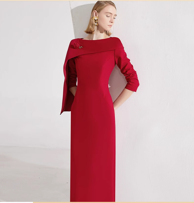 draped shoulder column gown with rose brooch – SCARLETTA