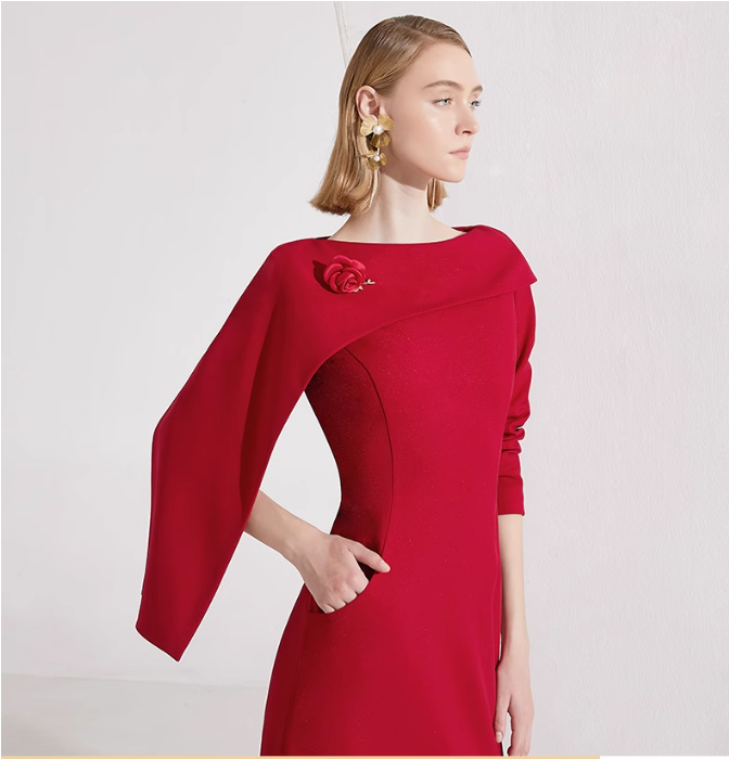 draped shoulder column gown with rose brooch – SCARLETTA