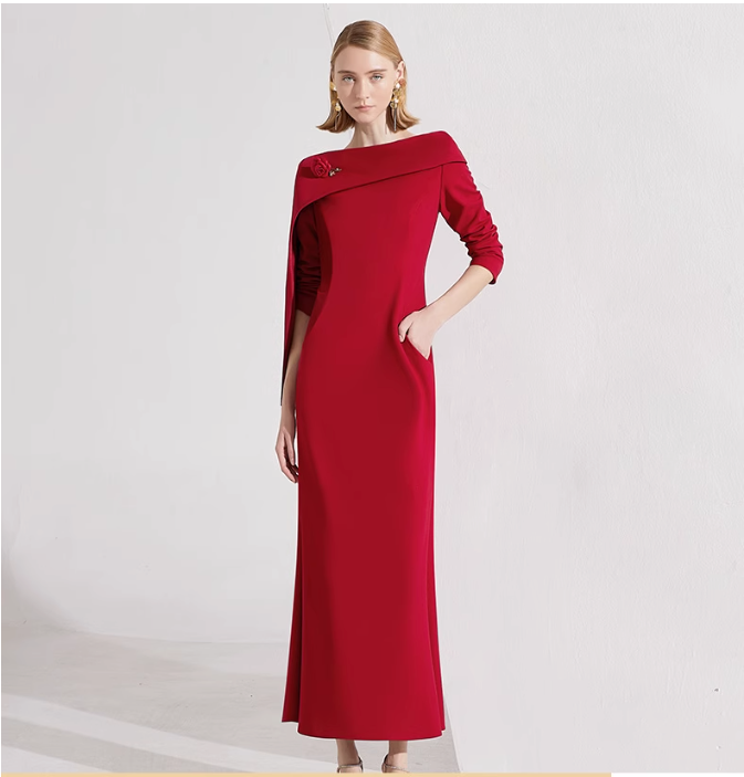 draped shoulder column gown with rose brooch – SCARLETTA