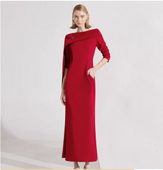 draped shoulder column gown with rose brooch – SCARLETTA