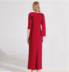 draped shoulder column gown with rose brooch – SCARLETTA