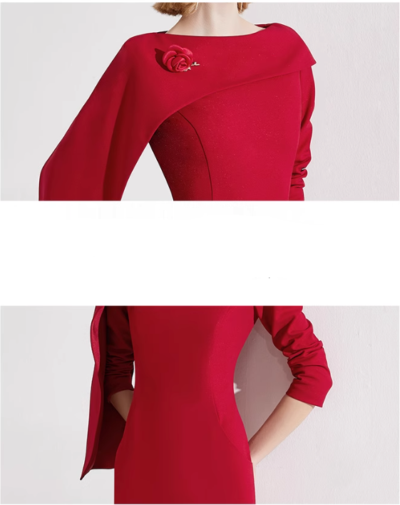 draped shoulder column gown with rose brooch – SCARLETTA
