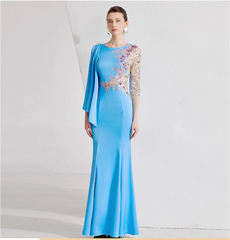 cape sleeve gown with sequin floral embroidery – AZURE BLOOM
