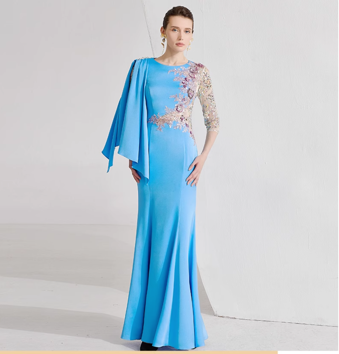 cape sleeve gown with sequin floral embroidery – AZURE BLOOM
