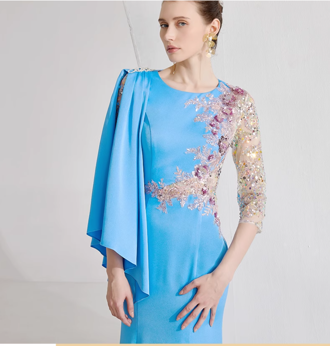 cape sleeve gown with sequin floral embroidery – AZURE BLOOM