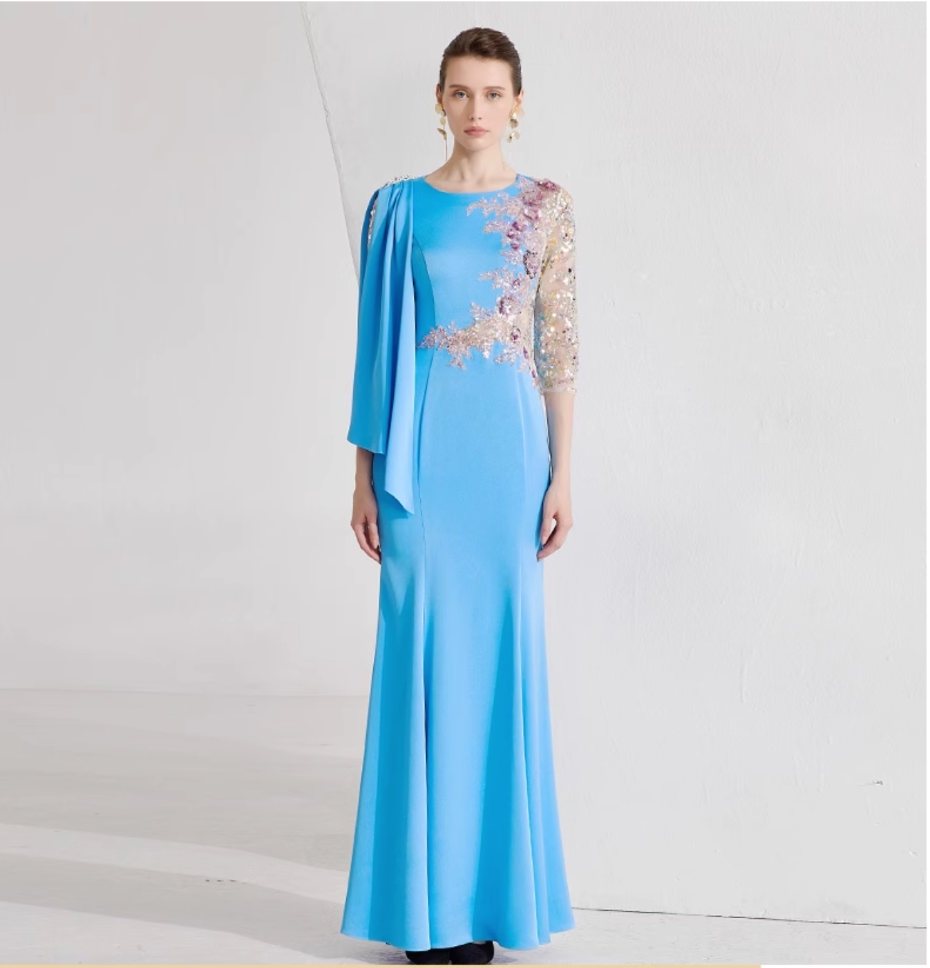 cape sleeve gown with sequin floral embroidery – AZURE BLOOM