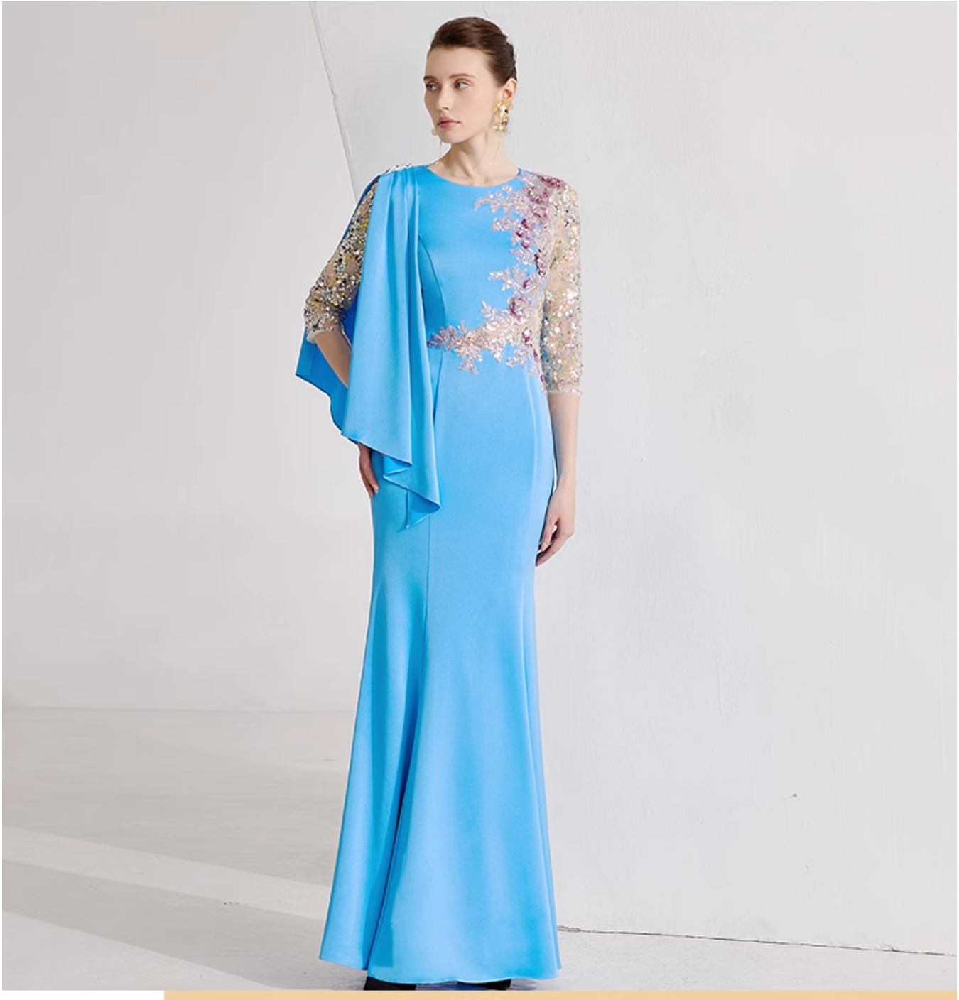 cape sleeve gown with sequin floral embroidery – AZURE BLOOM