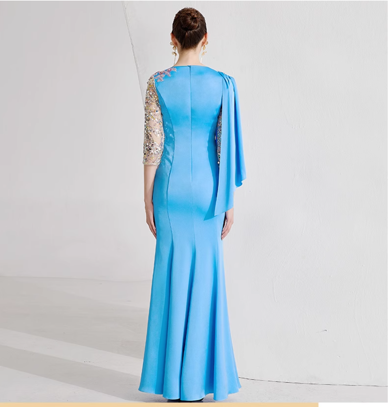 cape sleeve gown with sequin floral embroidery – AZURE BLOOM