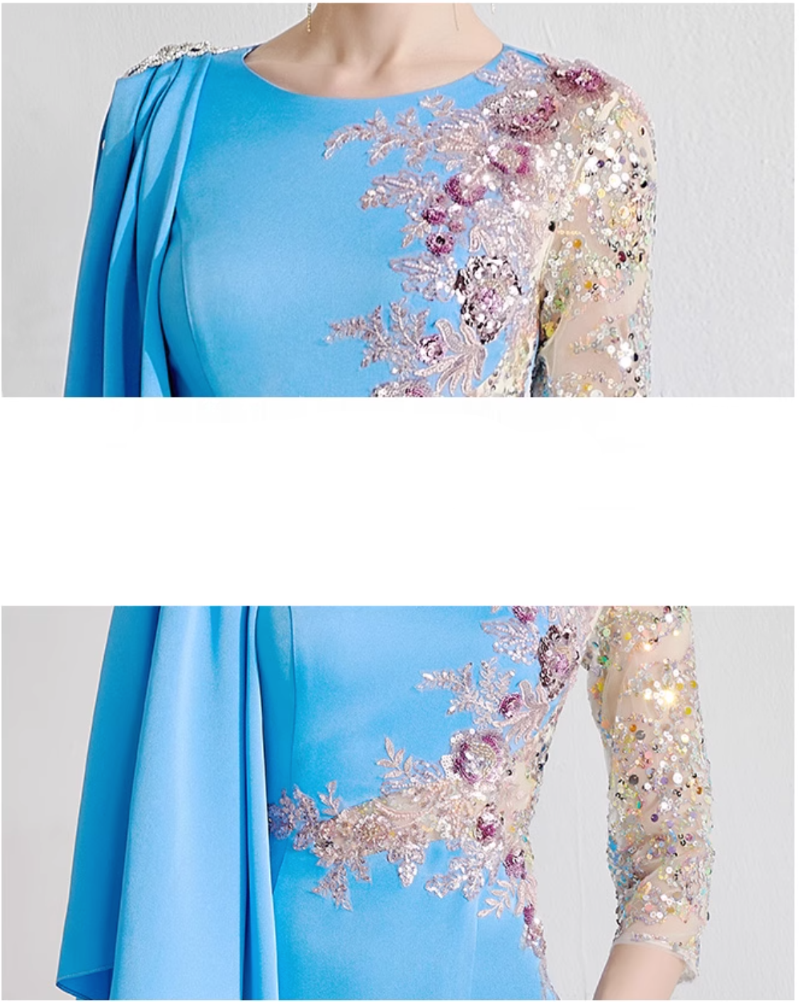 cape sleeve gown with sequin floral embroidery – AZURE BLOOM