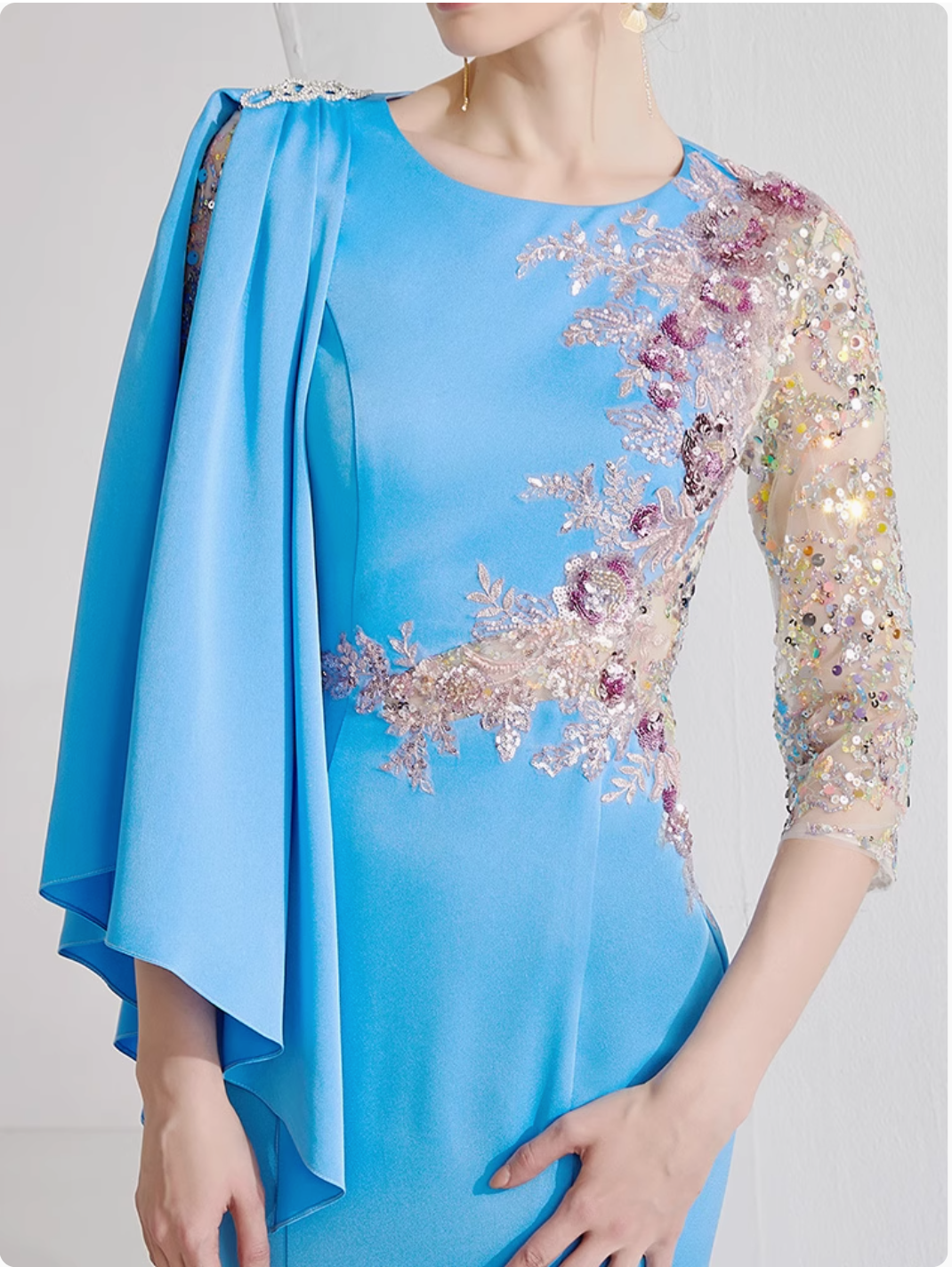cape sleeve gown with sequin floral embroidery – AZURE BLOOM