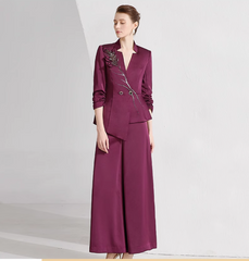 asymmetric blazer set with beaded floral appliqué – MERLOT