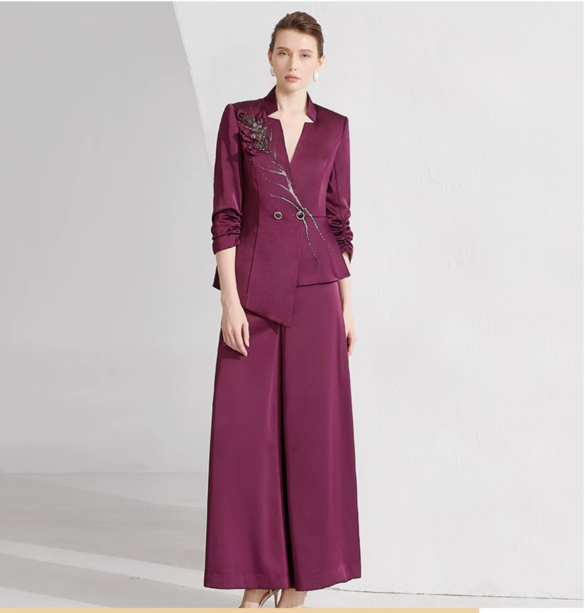 asymmetric blazer set with beaded floral appliqué – MERLOT
