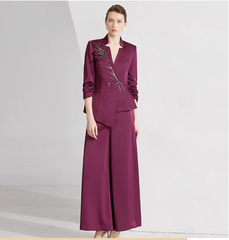 asymmetric blazer set with beaded floral appliqué – MERLOT