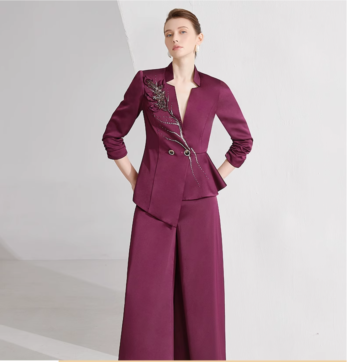 asymmetric blazer set with beaded floral appliqué – MERLOT