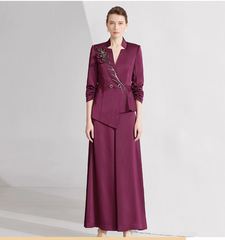 asymmetric blazer set with beaded floral appliqué – MERLOT