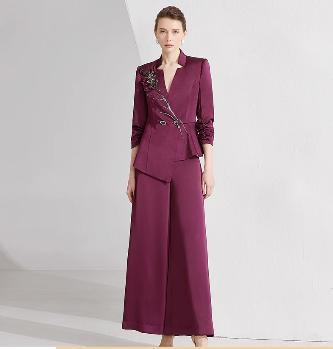 asymmetric blazer set with beaded floral appliqué – MERLOT