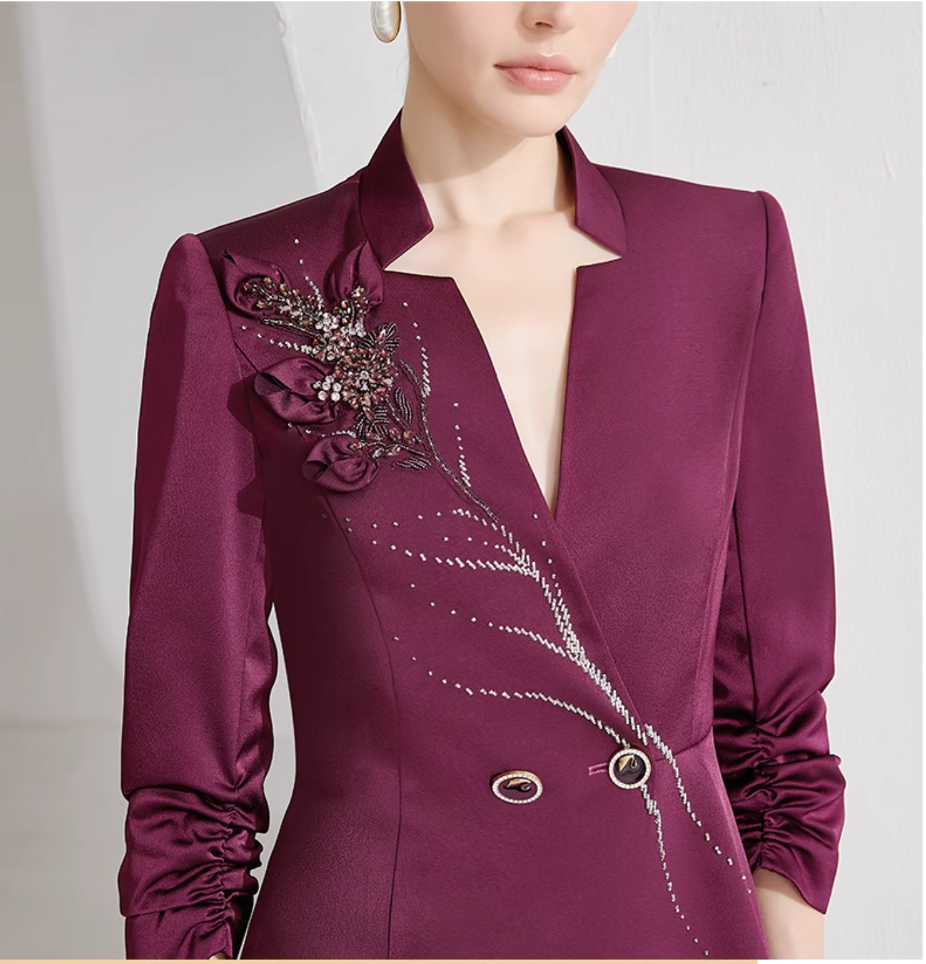 asymmetric blazer set with beaded floral appliqué – MERLOT
