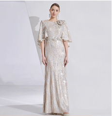 sequin mermaid gown with cape sleeves and floral brooch – LUMINA