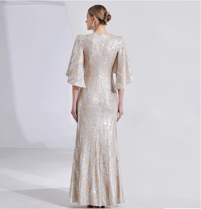 sequin mermaid gown with cape sleeves and floral brooch – LUMINA