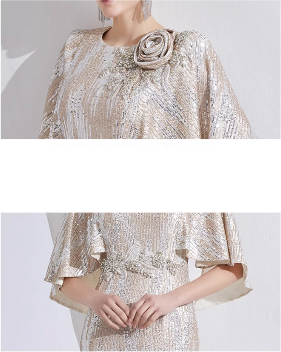 sequin mermaid gown with cape sleeves and floral brooch – LUMINA