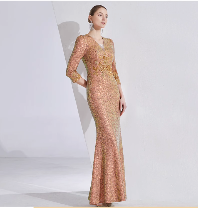 v-neck sequin mermaid gown with gold embroidery – AMBER GLEAM