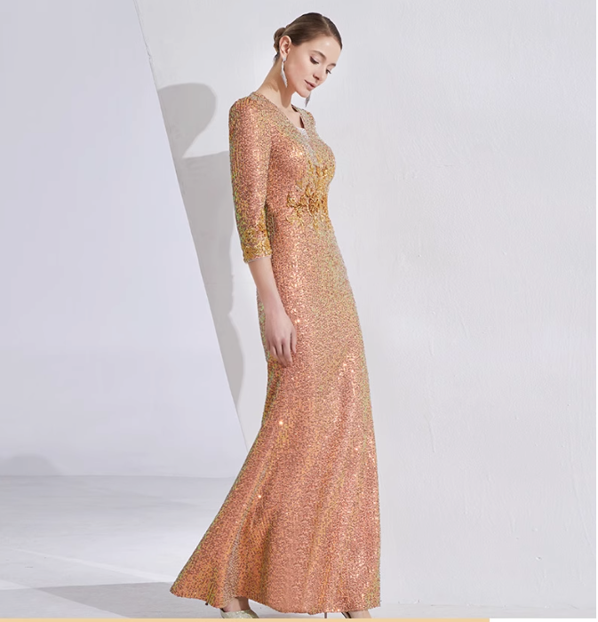 v-neck sequin mermaid gown with gold embroidery – AMBER GLEAM