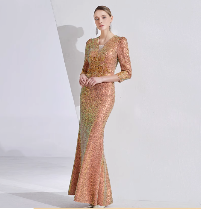 v-neck sequin mermaid gown with gold embroidery – AMBER GLEAM