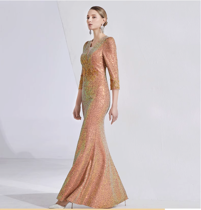 v-neck sequin mermaid gown with gold embroidery – AMBER GLEAM