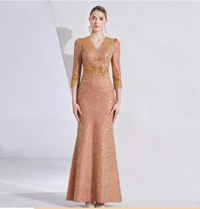 v-neck sequin mermaid gown with gold embroidery – AMBER GLEAM