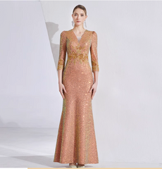 v-neck sequin mermaid gown with gold embroidery – AMBER GLEAM