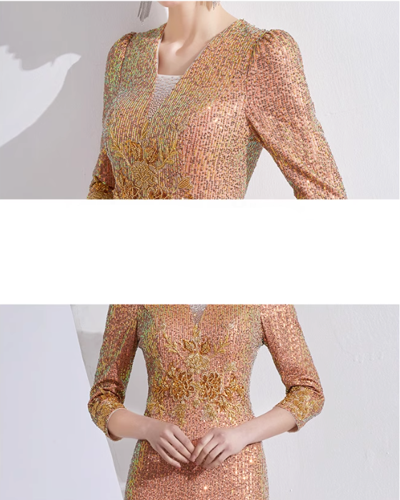 v-neck sequin mermaid gown with gold embroidery – AMBER GLEAM