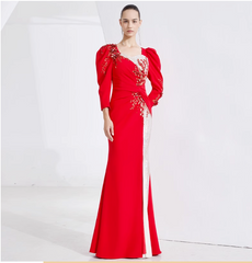 ruched gown with puff sleeves and sequin slit – CRIMSON DUSK