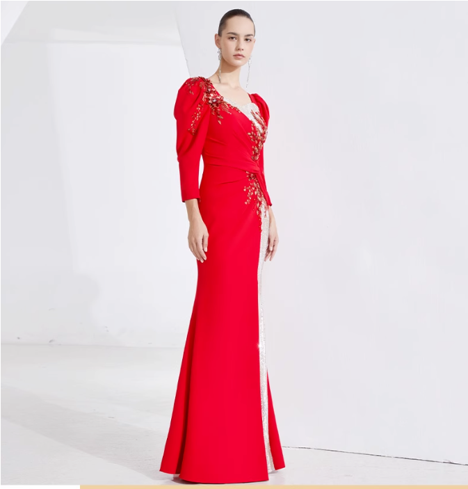 ruched gown with puff sleeves and sequin slit – CRIMSON DUSK
