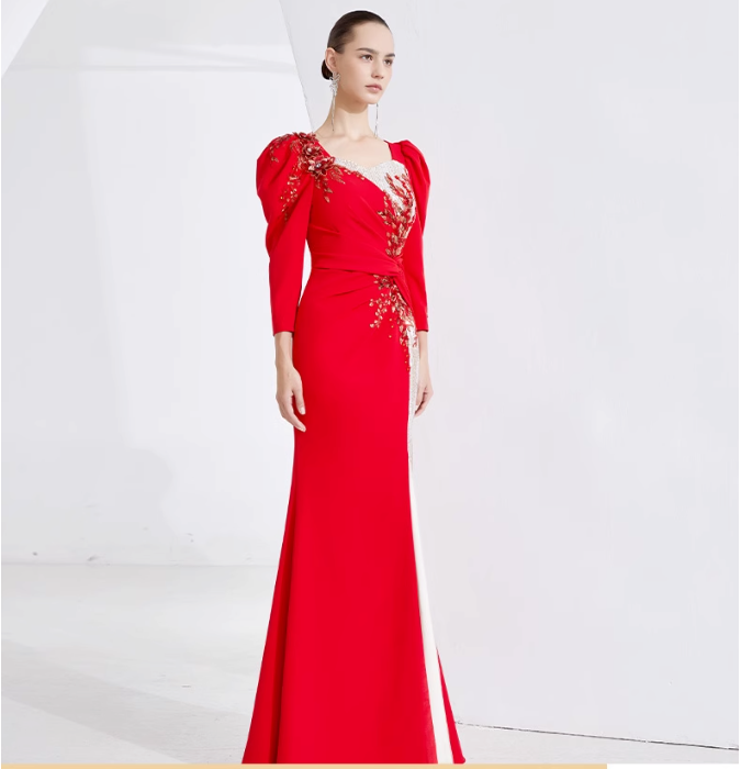 ruched gown with puff sleeves and sequin slit – CRIMSON DUSK