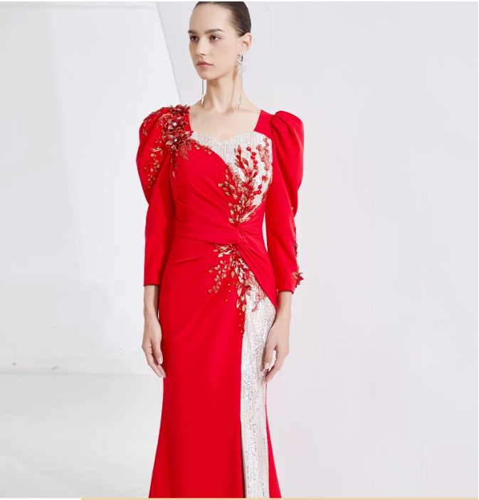 ruched gown with puff sleeves and sequin slit – CRIMSON DUSK