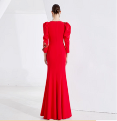 ruched gown with puff sleeves and sequin slit – CRIMSON DUSK