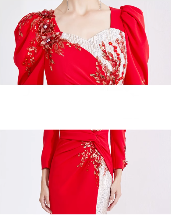 ruched gown with puff sleeves and sequin slit – CRIMSON DUSK