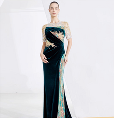velvet embroidered gown with sequin illusion sleeves – EMERALD PLUME
