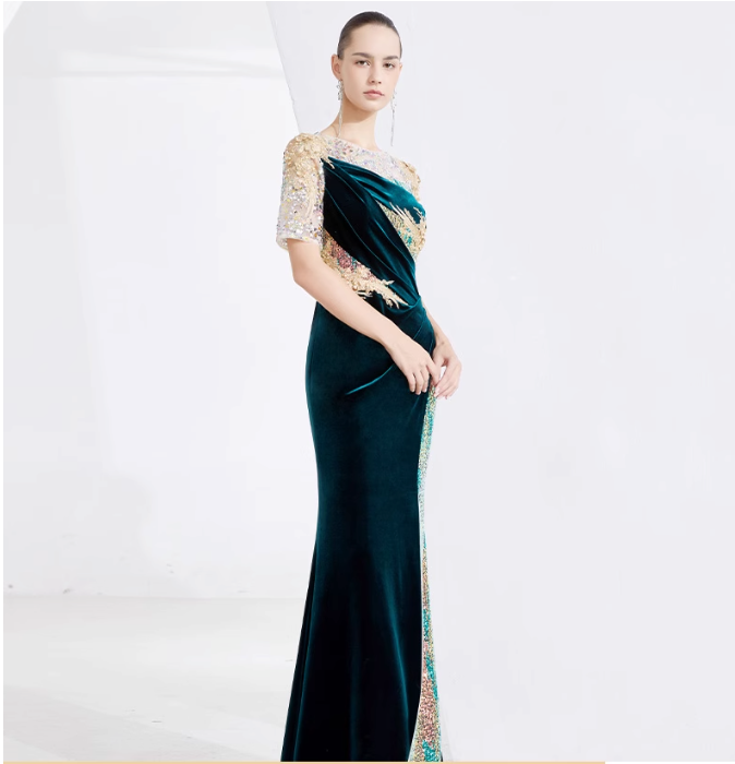 velvet embroidered gown with sequin illusion sleeves – EMERALD PLUME