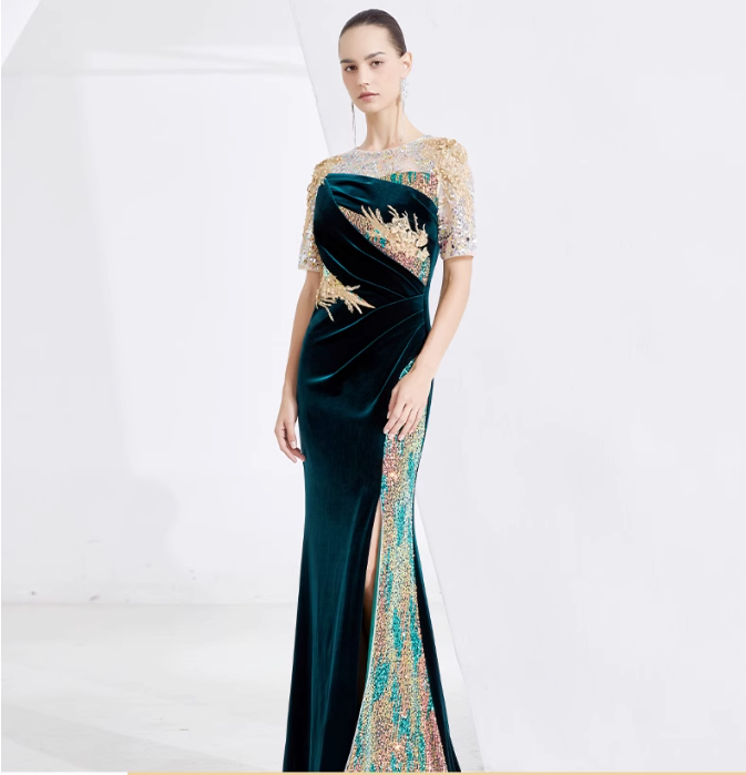 velvet embroidered gown with sequin illusion sleeves – EMERALD PLUME