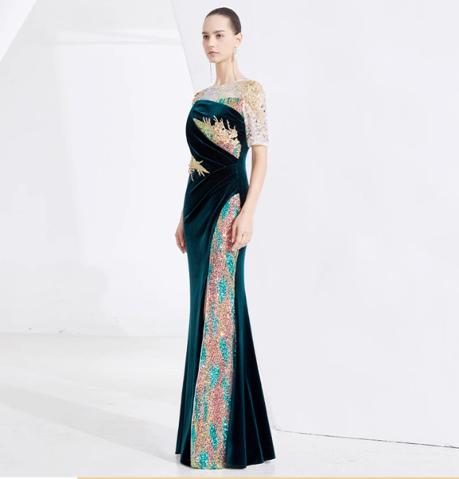 velvet embroidered gown with sequin illusion sleeves – EMERALD PLUME