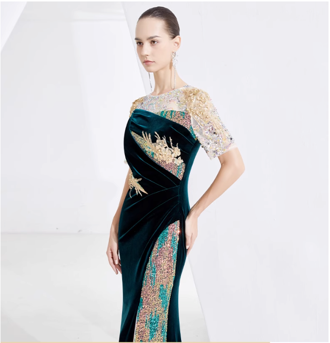 velvet embroidered gown with sequin illusion sleeves – EMERALD PLUME