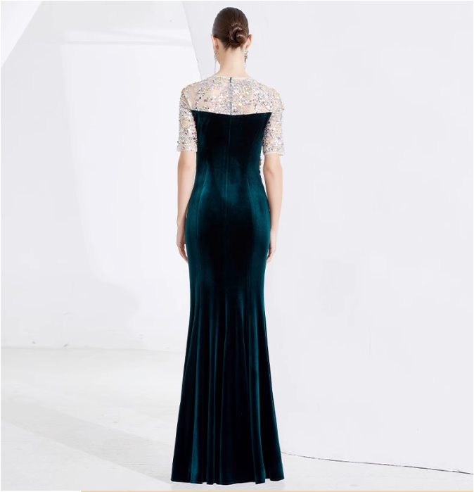 velvet embroidered gown with sequin illusion sleeves – EMERALD PLUME