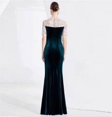 velvet embroidered gown with sequin illusion sleeves – EMERALD PLUME