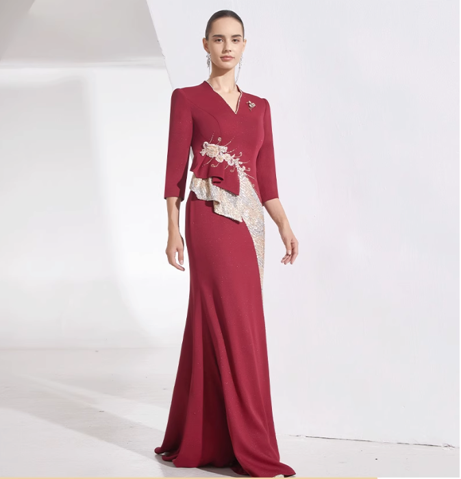 asymmetric peplum gown with brooch and sequin panel – RUBY POISE